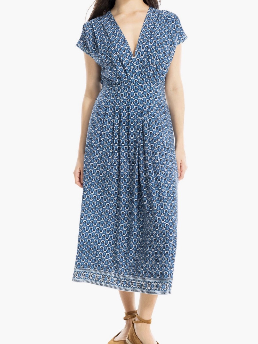 Max Studio Blue Printed V-Neck Pleated Midi Dress